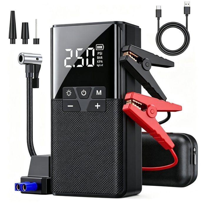 Booster de Batterie 39800mAh12V Fonction de Gonflage des Pneus 150PSI Eclairage de Secours pour Essence 6.0L Diesel 4.0L Noir