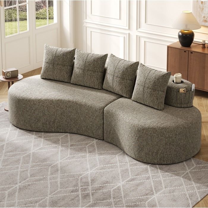 Canapé en tissu lin kaki avec 4 coussins mousse haute densité + plumes porte-gobelet poche latérale