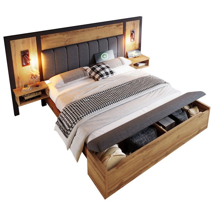 Lit capitonné 160x200 ensemble chevet USB-C et banc coffre cadre bois/métal lin chêne sommier lattes sans matelas