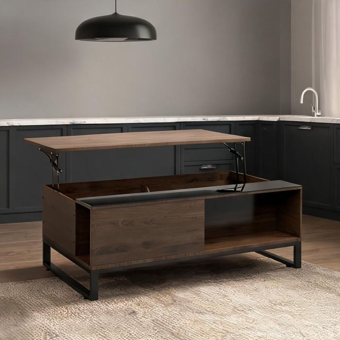 Table basse relevable 102x58 cm style moderne placage bois et verre noir