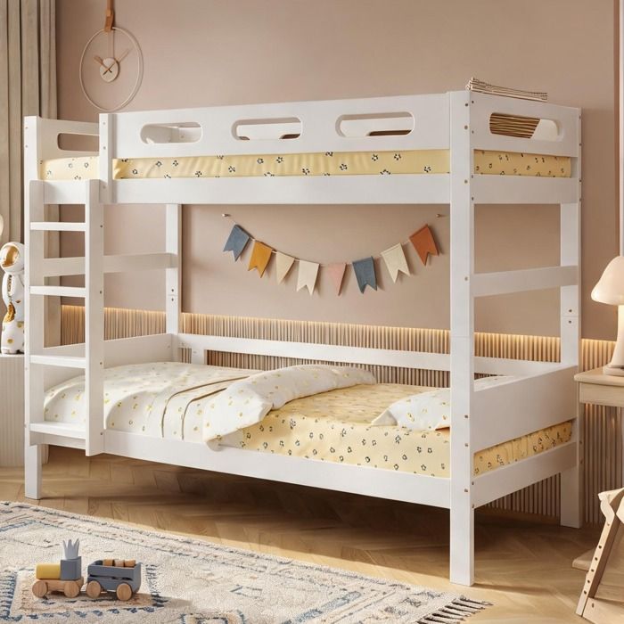 Lit superposé 90x200 cm en bois massif blanc – design sobre avec échelle et barrière de sécurité