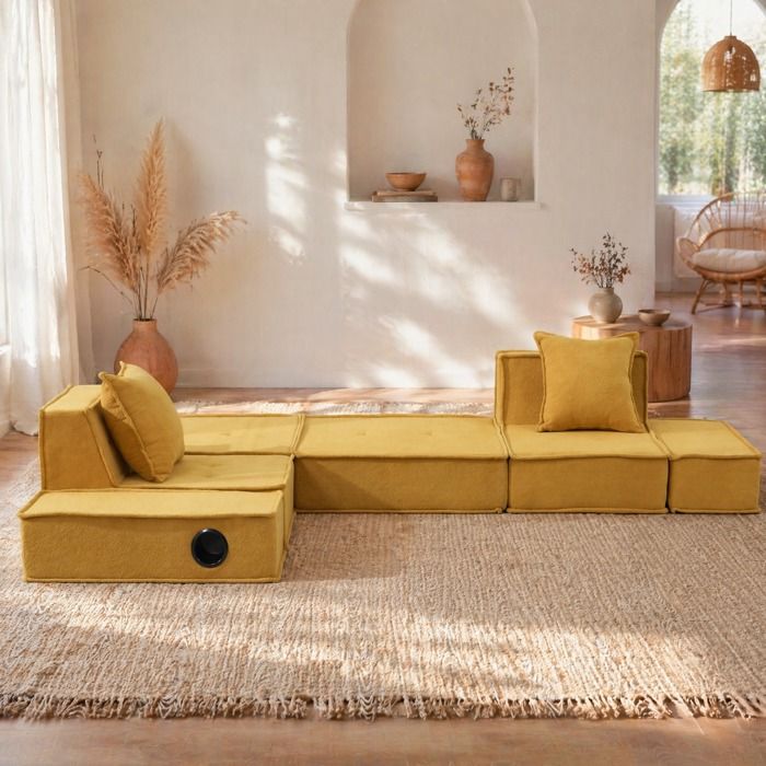 WOVREO canapé convertible 2 places en chenille jaune moutarde modulable avec 2 coussins et porte-gobelets
