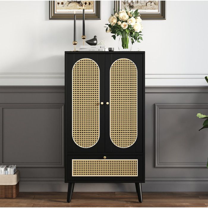 COVREO Buffet haut 1105 cm design rotin noir 2 portes 1 tiroir panneaux de particules