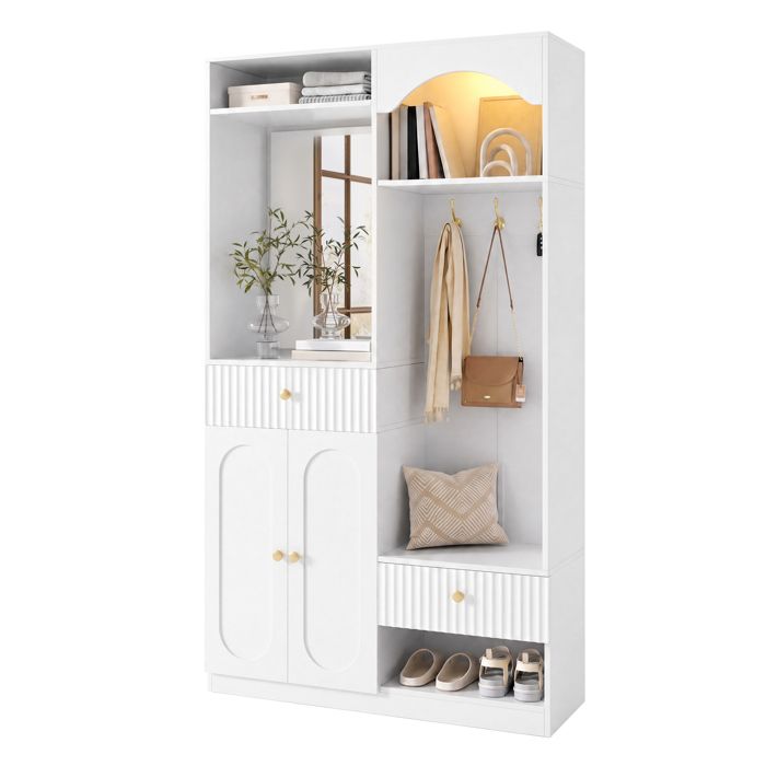 Vestiaire d’Entrée - COZHYESS - Meuble avec Miroir Banc Range-Chaussures Patères LED RGB via Appli Blanc 100 x 35 x 180 cm