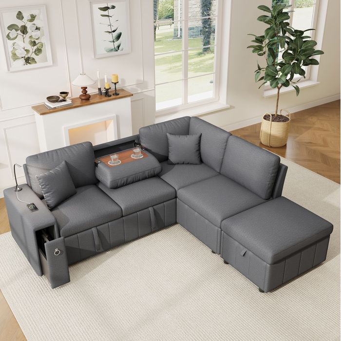 Canapé dangle convertible 5 places avec coffre de rangement et table rabattable - BEAUNIV - USB lampe de lecture tissu gris