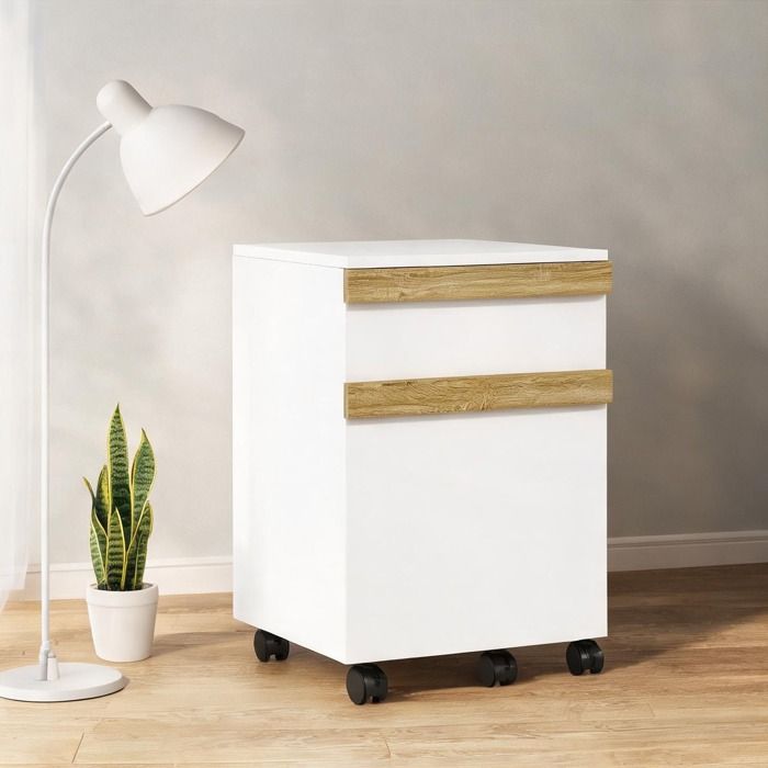 Caisson de bureau à roulettes blanc et bois clair 48x40x59 5 cm 2 tiroirs coulissants trieur à dossiers