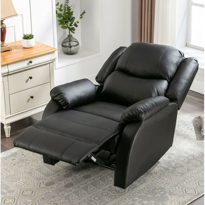 MEUBLIV Fauteuil relax manuel inclinable 1 place en simili cuir noir avec repose-pieds et poche latérale