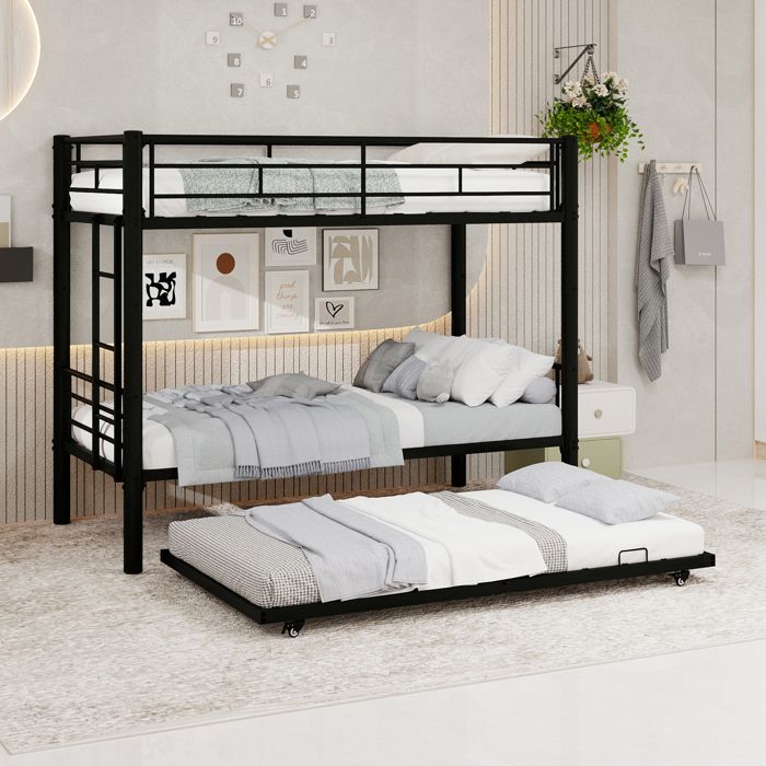 Lit superposé - 90 x 190 cm - Acier noir anti-rouille - Transformable en 2 lits - Barrières de sécurité