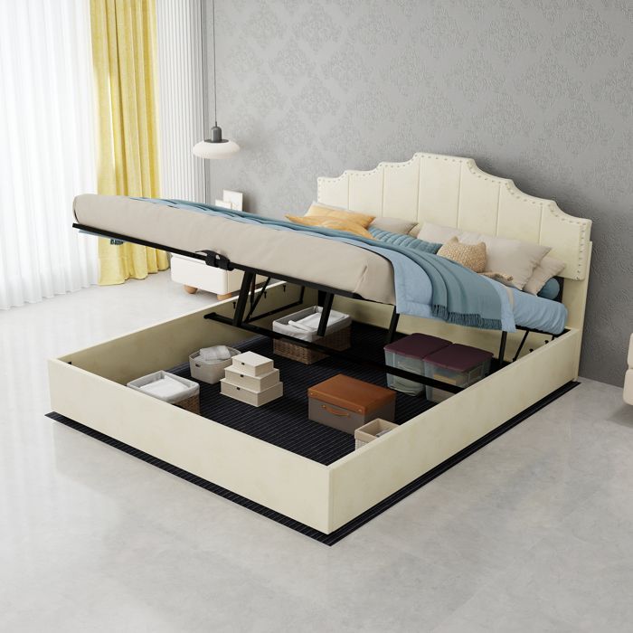 Lit coffre - Moderne minimaliste - 160x200 cm - Velours beige - Vérin hydraulique