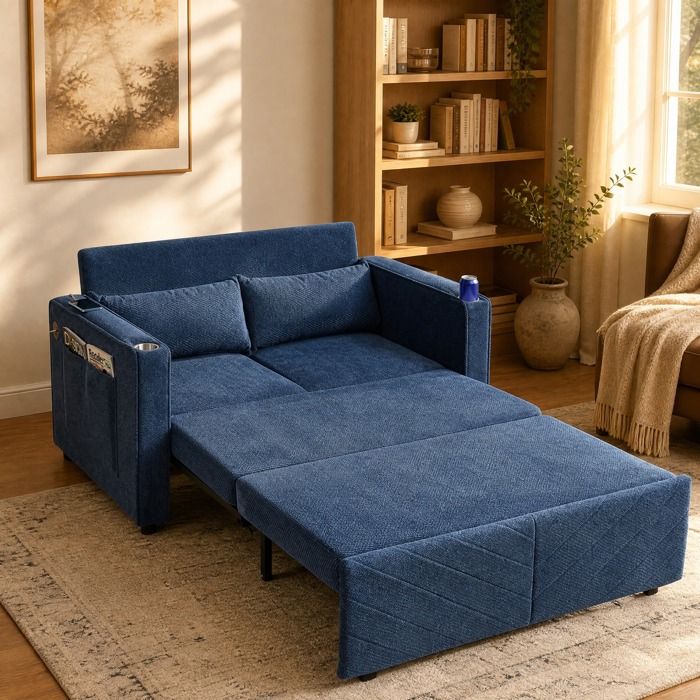 Canapé Convertible 2 Places 3-en-1 avec Système Coulissant et Ports USB - BEAUNIV - Accoudoirs Tissu Bleu Marine