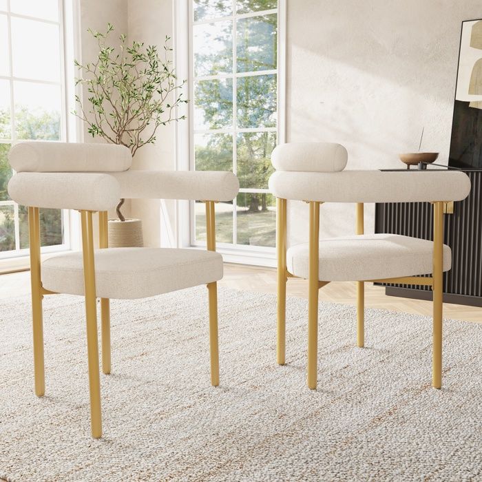 Chaise de salle à manger moderne - Lot de 2 - Daim beige - Pieds dorés - Assise large et confortable