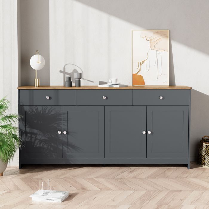 Buffet Gris et Bois 160 cm Bahut 4 Portes 3 Tiroirs Style Campagne Meuble de Rangement Salon