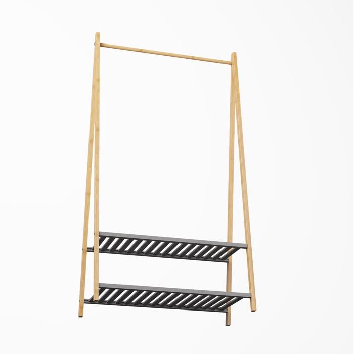 ELVORIN Porte-manteau sur pied en bambou 80 x 40 x 150 cm 1 barre de penderie 2 étagères pour entrée et chambre naturel et gris