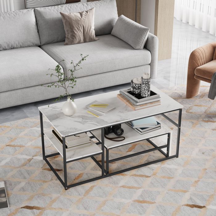 Table basse rectangulaire 105cm blanc marbre métal noir 2 niveaux combinable pieds réglables salon moderne