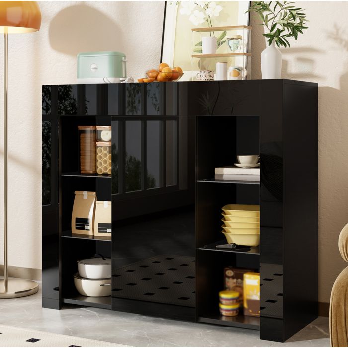 Buffet bas moderne AESVAR 95 x 35 x 83 cm avec façade brillante noire porte et étagères en verre