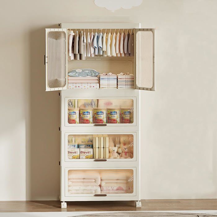 Armoire penderie pliable 4 niveaux avec portes - plastique anti-poussière sur roulettes - tringle + 10 cintres - pour chambre
