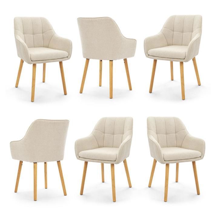 GOEURVANT Lot de 6 Chaises de Salle à Manger Chenille Crème Chaise Capitonnée Ergonomique avec Accoudoirs Pieds en Bois Salon