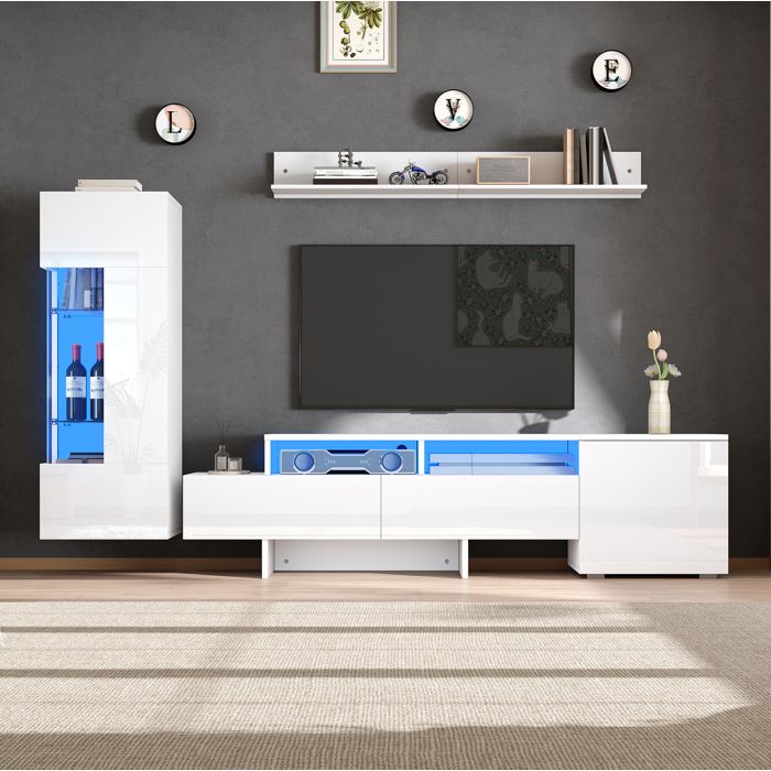 Maisentiel ensemble meuble TV mural 3 pièces blanc brillant avec LED colonne étagère murale et 2 tiroirs