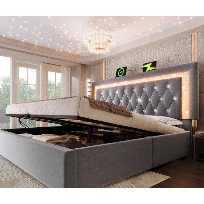 Lit coffre double 160x200 cm avec rangement hydraulique LED intégrée ports USB et USB-C sommier à lattes inclus velours gris