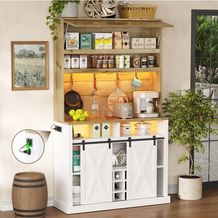 Meuble rangement cuisine haut 191 cm LED RGB avec prise vitrine crochets range-bouteilles MDF JOINERY