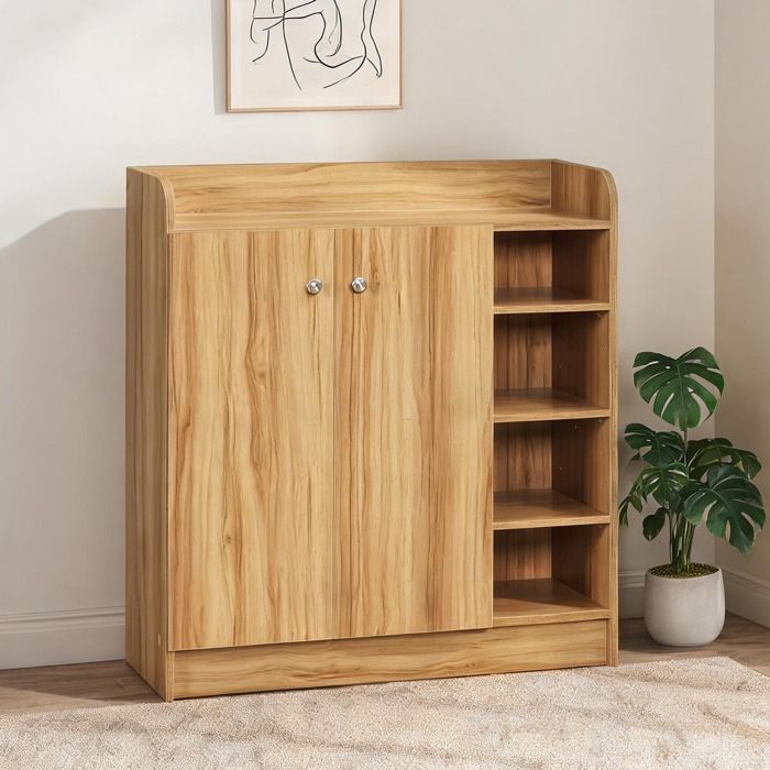 Rangement à chaussures 83 cm avec 4 niches ouvertes et placard 4 étagères panneaux de particules