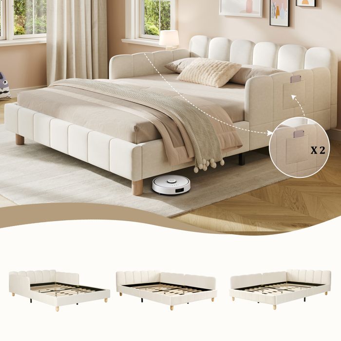 Lit double rembourré 140x190 cm en velours coloris beige à monter soi-même pieds en bois tête de lit sommier à lattes