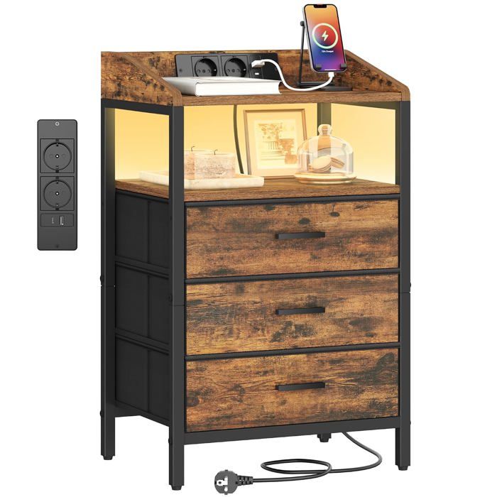Table de chevet 3 tiroirs en tissu avec multiprise - 2 ports USB et Type C lumières LED et étagères de rangement intégrées