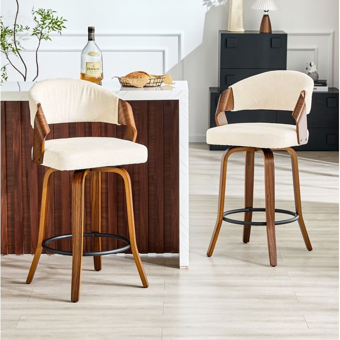 MEUVYX Lot de 2 Tabourets de Bar avec Dossier et Repose-Pieds Hauteur d’Assise 66 cm en Tissu et Bois Blanc
