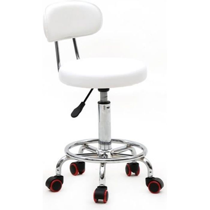 Tabouret de Bureau Tabouret à roulettes avec Dossier Hauteur réglable Blanc