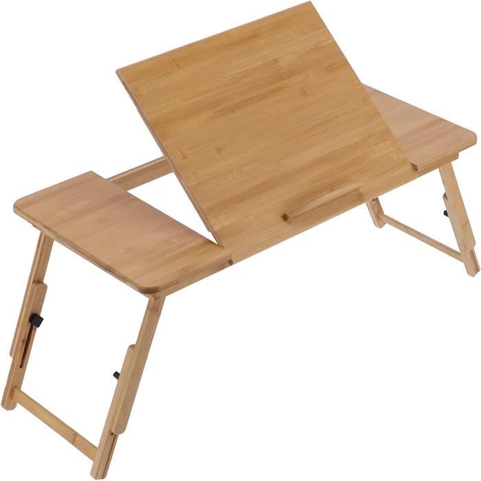 Tablette Bambou Pliable Pour Lit - Bureau Réglable - Plateau Petit Déjeuner - Ventilation Ordinateur - Tiroir Rangement - 66x30cm