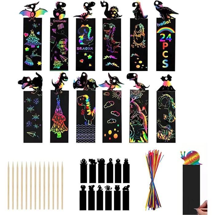 Cartes à Gratter Animaux Marque-Pages à Gratter 48 Motifs Arc-en-ciel Magique Papier a Gratter avec 48 Rubans et 24 Bâtonnets pour Bricolage Jeux Cadeau de Fête