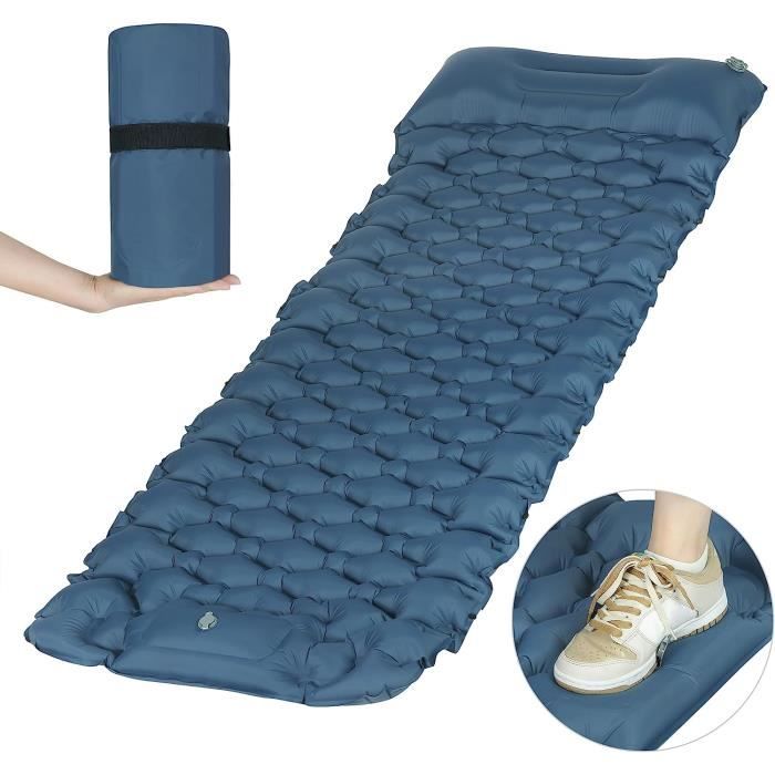 matelas de camping, lit autogonflant ultra-léger avec oreiller, avec pompe à pied et sac de transport, bleu 200x68x9cm