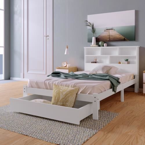 Lit Simple Leomark 90x200cm - Bois Massif Blanc Avec Matelas