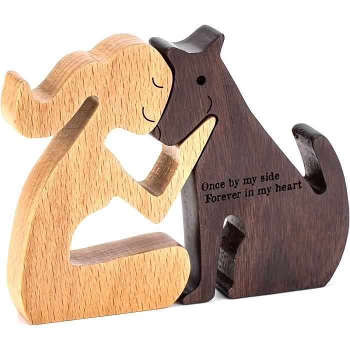 Sculpture Bois Pour Chiens Avec Homme - Décoration Famille Et Amoureux Des Chiens (Fille Et Chiot)
