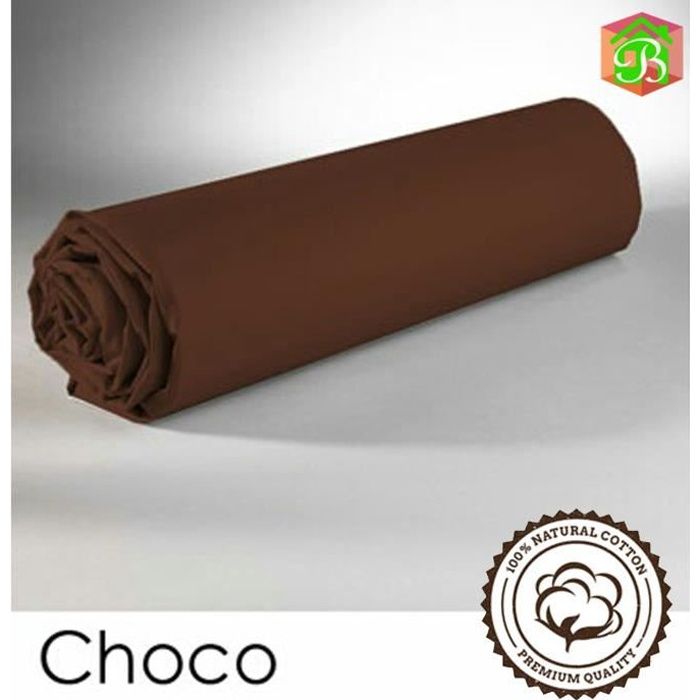 Drap Housse - BOBLANC - 140x190 cm - 100% Coton - Marron - Bonnet 25 cm