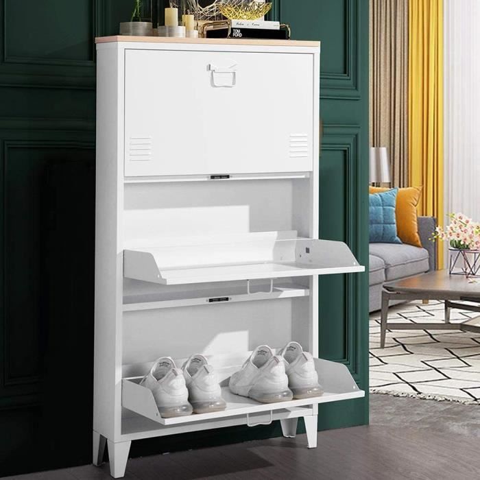 Meuble à chaussures pour gain de place en métal avec 3 portes à rabat, porte chaussures et