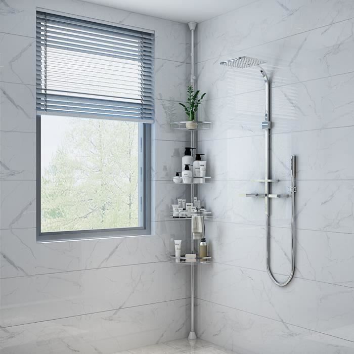 QIAN Étagère de Douche Télescopique 110 à 280cm - Acier inox - 4 Tablettes - Étagère d’angle Salle de bain Sans perçage - Argenté
