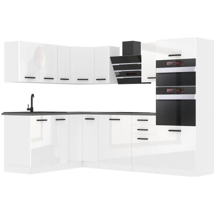 Belini Cuisine Equipee Complete MELANIE Muebles de Cuisine Complets. L-Forme Cuisine. Avec Plan de Travail blanc très brillant