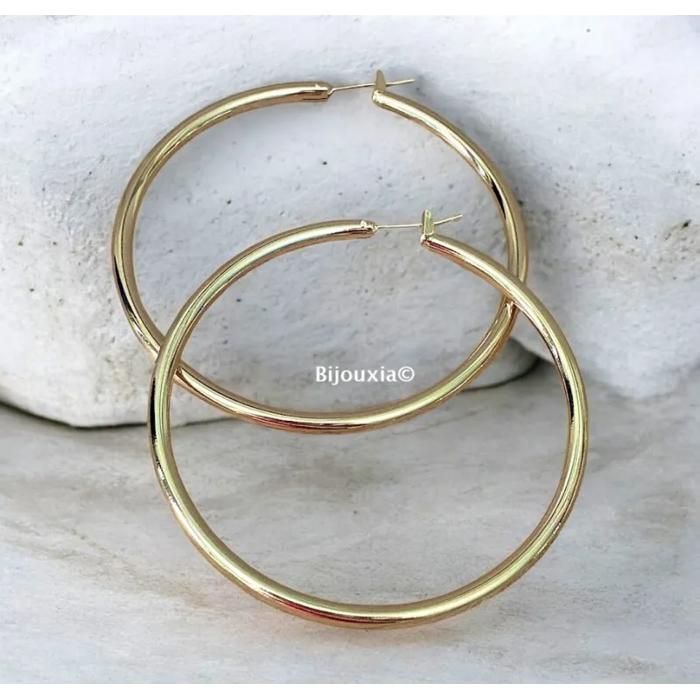Boucles D'oreilles Créoles Plaqué Or 18 Carats - Grand Modèle 6cm - NEUVES Avec étiquette
