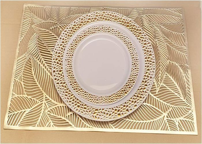 Kit 20 Assiettes Dîner & Entrée Dessert + 10 Sets de Table Doré/Vaisselles Réutilisables PVC Mariage Soirée Noël 10 Personnes