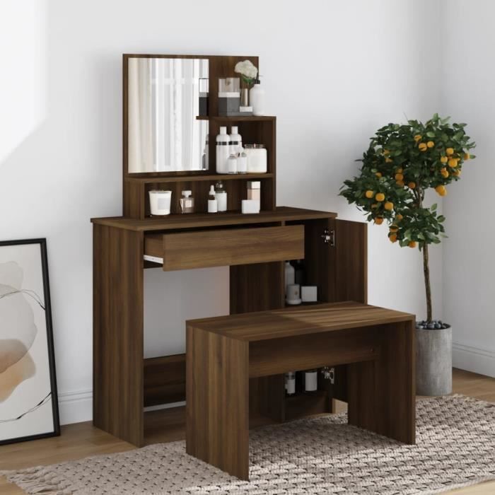 Coiffeuse - CUQUE - Chêne marron - 865x35x136 cm - 1 tiroir - Miroir inclus