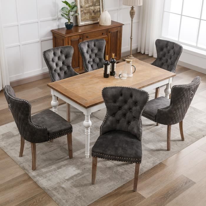 Lot de 6 Chaise de salle à manger en velours-Chaise rembourrée Salon avec garniture en tête de clou-Pieds en bois massif -Gris