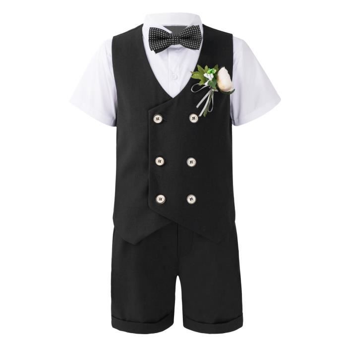 Costume 5 Pièces Garçon Mariage Baptême - Chemise Gilet Pantalon Noeud Papillon Broche