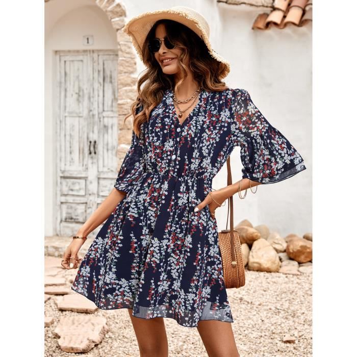 Robe Femme Mode d contract d contract col en V manches en cinq