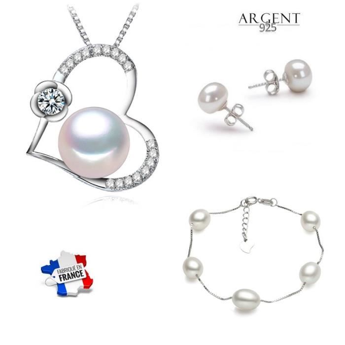 Parure COLLIER Perle de CULTURE Boucles en ARGENT NEUF avec écrin