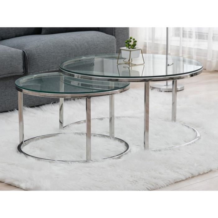 tables basses gigognes en verre trempé et acier inoxydable - argenté - maevane ii de pascal morabito