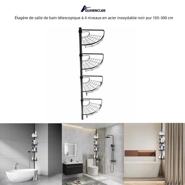 QUIIENCLEE Étagère de salle de bain télescopique à 4 niveaux en acier inoxydable noir pur 105-300 cm