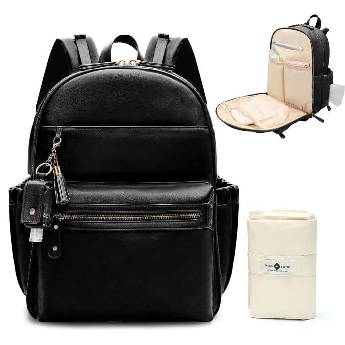 Miss Fong Sac à Dos à Langer Noir - Sac à Langer Bébé Avec Matelas à Langer, Bouteille Voyage Et Sangles Poussette