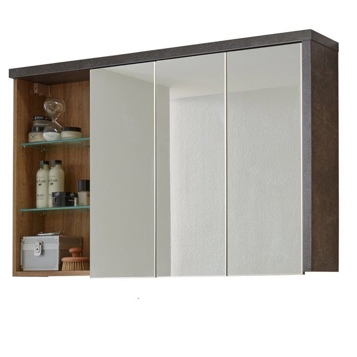 trendteam smart living armoire miroir baie 3 portes, 3 compartiments ouverts, décor chêne miel, décor béton.
