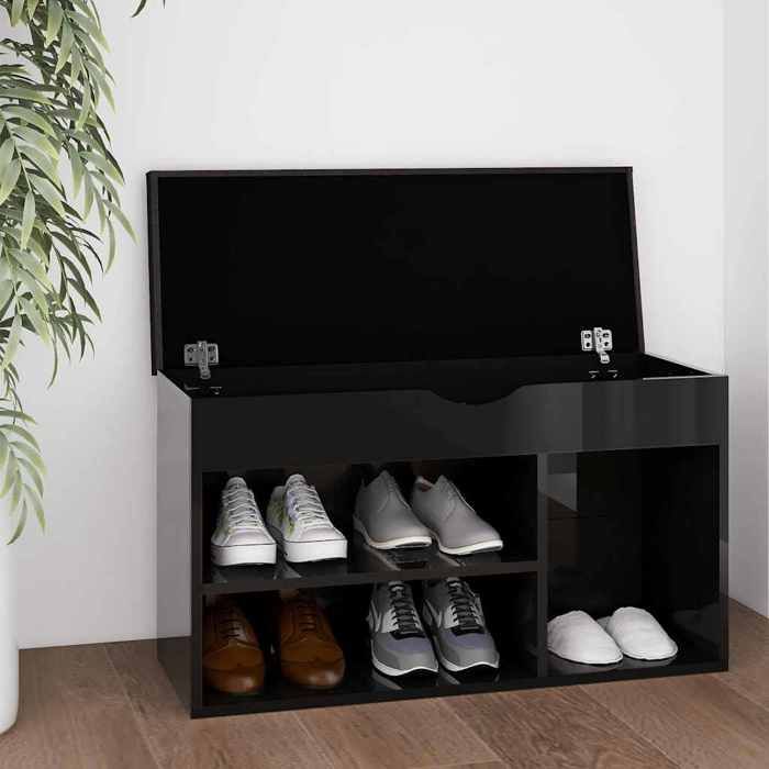 vidaXL Banc à chaussures et coussin Noir brillant 80x30x47cm Aggloméré